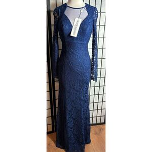 LA Merchandises Navy Sequin Deep V-neck Formal Dress